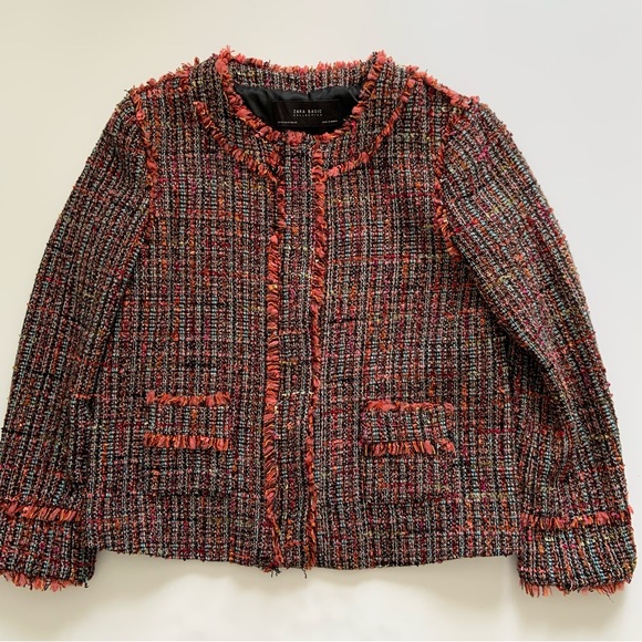 ZARA Tweed Jacket Cardigan Boucle Frayed Boucle M - Picture 9 of 11